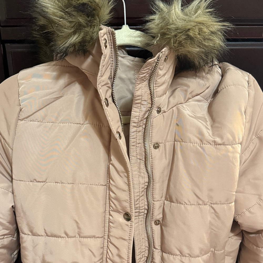 H&M tan Puffer Jacket with Faux Fur Hood